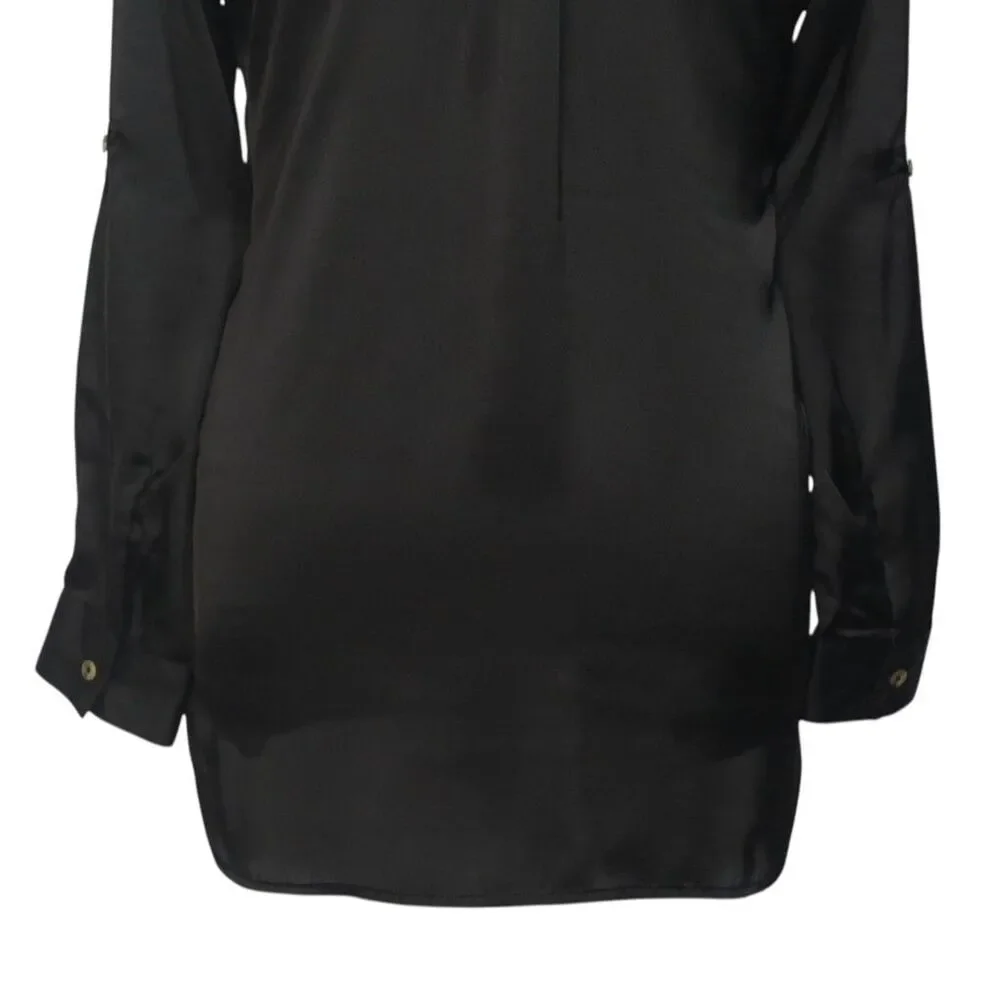 Womens Silky Satin Shirt Black Blouse Button Up Casual Dressy Top Medium Work - Picture 7 of 7
